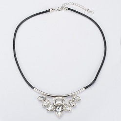 white Retro Inlaid Crystal Pendant Necklace on Leather Cord for Women, Minimalist Neck Decoration (N001)