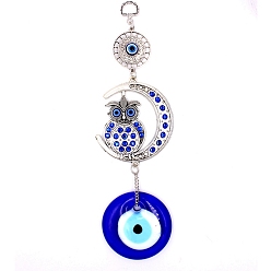 Antique Silver Lampwork Turkish Blue Evil Eye Pendant Decoration, with Alloy Rhinestone Moon with Owl Link for Home Wall Hanging Ornament, Antique Silver, 255mm