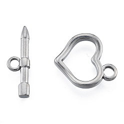 Stainless Steel Color 201 Stainless Steel Toggle Clasps, Heart, Stainless Steel Color, Bar: 7x23x2.5mm, Hole: 2.5mm, Heart: 19x18x3mm, Hole: 3mm