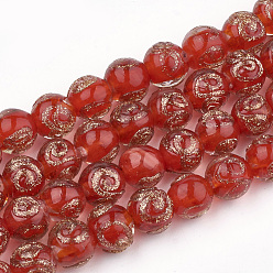 Red Handmade Gold Sand Lampwork Beads, Round, Red, 8~9x7~7.5mm, Hole: 1.5~2mm