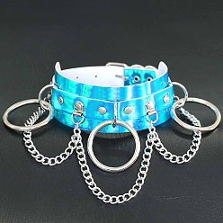 blue color Radiant Laser Leather Collar Necklace with O-Ring Chain for Nightclub Street Style