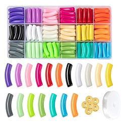 Mixed Color DIY Jewelry Making Kits, Including Curved Tube Opaque Acrylic Beads, Brass Spacer Beads, Elastic Crystal Thread, Mixed Color, Tube Beads: 180pcs/set