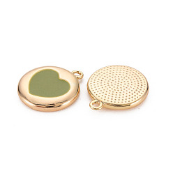 Olive Drab Brass Enamel Pendants, Nickel Free, Real 18K Gold Plated, Flat Round with Heart, Olive Drab, 16x14x2mm, Hole: 1.2mm