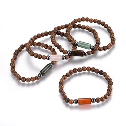 Mixed Stone Wood Beads Stretch Bracelets, with Natural Gemstone and Non-Magnetic Synthetic Hematite Beads, 2-1/8 inch(5.3cm)