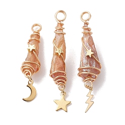 Dark Salmon 3Pcs 3 Styles Electroplated Natural Quartz Crystal Copper Wire Wrapped Pendants, TearDrop Charms with Golden Tone Alloy Moon & Star & Sun & Lightning Bolt, Dark Salmon, 44.5~48.5x8~10.5x6.5~13mm, Hole: 4mm, about 1pc/style