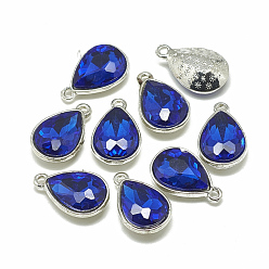 Royal Blue Alloy Glass Charms, Faceted, teardrop, Platinum, Royal Blue, 14.5x9x5mm, Hole: 1.5mm