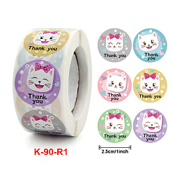 Cat Shape 6 Styles Paper Round Shape Thank You Stickers, Adhesive Roll Sticker Labels, for Envelopes, for Embosser Stamp Sealing Certificate Stickers, Cat Shape, 25mm, 500pcs/roll