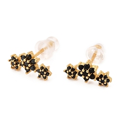Black Brass Micro Pave Cubic Zirconia Stud Earrings, Real 18K Gold Plated, Flower, Black, 6.5x12.5mm, Pin: 1mm
