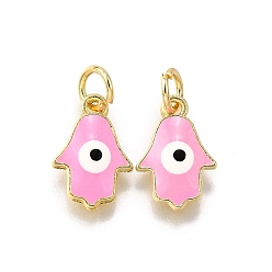 Pink Латунь эмаль прелести, с целью перехода в кольце, рука хамсы/рука мириам с заклинанием сглаза, стойки покрытие, без кадмия и без свинца, долговечный, золотые, розовые, 13x8.5x1.5 мм, отверстие : 3 мм