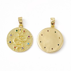 Real 18K Gold Plated Brass Micro Pave Cubic Zirconia Pendants, with Glass Rhinestone, Flat Round with Snake Charm, Real 18K Gold Plated, 20x18x2mm, Hole: 5.5x3mm