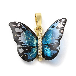 Light Sky Blue Brass Pendants, with Cubic Zirconia, Film, Long-Lasting Plated, Lead Free & Cadmium Free, Real 18K Gold Plated, Butterfly, Light Sky Blue, 16~17x23~14x6mm, Hole: 6x3.5mm