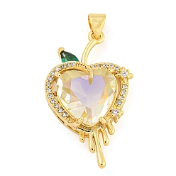 Yellow Rack Plating Brass Micro Pave Clear Cubic Zirconia Pendants, with Glass, Long-Lasting Plated, Cadmium Free & Lead Free, Real 18K Gold Plated, Heart Charms, Yellow, 30x17x9.5mm, Hole: 4.5x3.5mm