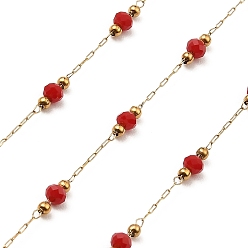 FireBrick Rondelle Glass Beaded Link Chains, with Golden 304 Stainless Steel Paperclip Chains, Soldered, with Spool, FireBrick, 3x2.5mm, 2mm, about 32.81 Feet(10m)/Roll