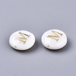 Letter M Natural Freshwater Shell Beads, with Golden Plated Brass Etched Metal Embellishments, Flat Round, Seashell Color, Letter.M, 8x3~5mm, Hole: 0.5~07mm
