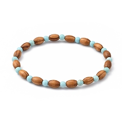 Synthetic Turquoise Stretch Beaded Bracelets, with Wood Beads and Synthetic Turquoise(Dyed)(Dyed) Beads, Inner Diameter: 2-1/4 inch(5.6cm)