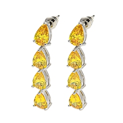 Gold Rack Plating Platinum Tone Brass Cubic Zirconia Studs Earrings for Women, Teardrop, Gold, 41x7mm