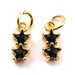 Черный Латунь прелести циркония кубической, реальный 18 k позолоченный, без кадмия и без свинца, двойная звезда, чёрные, 12x5x3 мм, отверстие : 3.8 мм