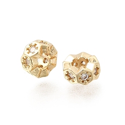 Light Gold Шестиугольные латунные микропаве прозрачные кубические цирконии европейские бусины, рондель, колесо, бусины с большими отверстиями, стойки покрытие, долговечный, без свинца и без кадмия, золотой свет, 6x3 мм, отверстие : 2.8 мм
