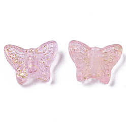 Pink Transparent Spray Painted Glass Beads, with Golden Foil, Butterfly, Pink, 12.5x15.5x5mm, Hole: 1mm