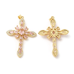 Pink Brass Pendants, with Glass & Cubic Zirconia, Lead Free & Cadmium Free, Cross Charms, Real 18K Gold Plated, Pink, 49x34x7mm, Hole: 5.1x3.4mm