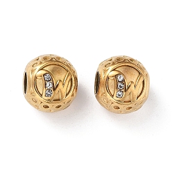 Letter W 304 Stainless Steel Rhinestone European Beads, Round Large Hole Beads, Real 18K Gold Plated, Round with Letter, Letter W, 11x10mm, Hole: 4mm