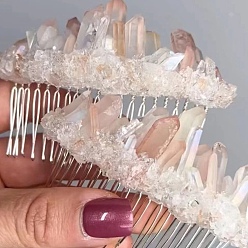 Platinum Natural Raw Quartz Crystal Chip Combs. with Alloy Findings, Hair Accessories for Woman Girls, Platinum, 80mm