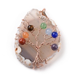 Coffee Natural Agate Big Pendants, with Rack Plating Brass Wires, Chakra Gemstone Beads, Cadmium Free & Lead Free, Dyed & Heated, Nuggets with Tree, Rose Gold, Coffee, 58~62x37~47x13~14mm, Hole: 4~6mm