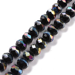 Black Electroplate Glass Beads Strands, Faceted, Rondelle, Half Rainbow Plated, Black, 7.5~8x6.5~7mm, Hole: 1.4mm, about 65pcs/strand, 16.77 inch(42.6cm)