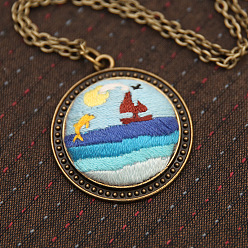 Sailboat DIY Sweater Chain Necklace Embroidery Kits, Including Printed Cotton Fabric, Embroidery Thread & Needles, Embroidery Hoop, Sailboat Pattern, 36-1/4 inch(920mm)