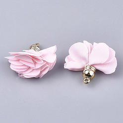 Pink Cloth Pendants, with CCB Plastic, 6-Petal, Flower, Golden, Pink, 26~27x17~28mm, Hole: 1.6mm