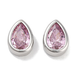 Pink Латунные шарики циркония кубической, слеза, платина, розовые, 11x8x4 мм, отверстие : 2.5x1.2 мм