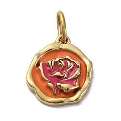 Шоколадный 304 нержавеющей стальной эмали подвески, с целью перехода в кольце, плоская круглая с подвеской в виде цветка, реальный 14 k позолоченный, ионное покрытие (ip), цвет шоколада, 15.5x13.5x2.5 мм, отверстие : 5x3 мм