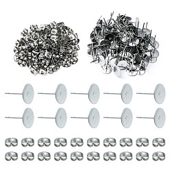 Нержавеющая Сталь Цвет 100 шт 304 детали серьги-гвоздики из нержавеющей стали, оправы для сережек с плоской круглой подушечкой, с фрикционными гайками 100шт., цвет нержавеющей стали, 12x8 мм, штифты : 0.8 мм