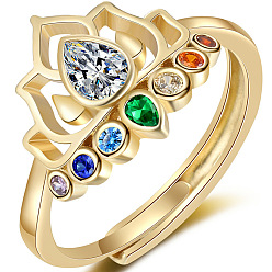 Golden Colorful Rhinestone Lotus Flower Adjustable Rings, Brass Finger Ring, Golden, US Size 8(18.1mm)