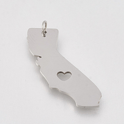 Stainless Steel Color 201 Stainless Steel Pendants, Map of California, Stainless Steel Color, 23x11x1mm, Hole: 3mm