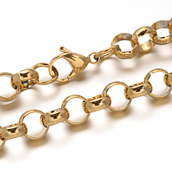 Golden 304 Stainless Steel Rolo Chain Necklaces, with Lobster Claw Clasps, Golden, 19.7 inch(50cm)x8mm