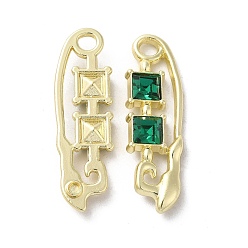 Green Alloy Pendant, with Glass, Light Gold, Lead Free & Cadmium Free, Safety Pin Charm, Green, 35x10.5x4mm, Hole: 3mm