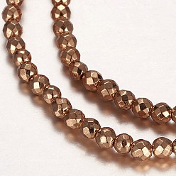 Светло-Золотое Покрытие Гальванизировать немагнитных синтетический гематит бисер пряди, бисер нитей, граненые, круглые, свет позолоченные, 3 мм, отверстие : 0.5 мм, около 128 шт / нитка, 15.43 дюйм