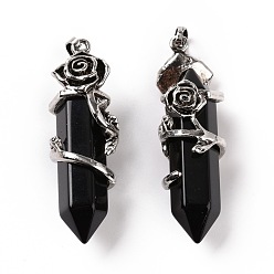 Obsidian Natural Obsidian Pointed Big Pendants, with Antique Silver Tone Rose Alloy Findings, Cadmium Free & Lead Free, Faceted, Bullet Charm, 48~50x16mm, Hole: 7x5mm