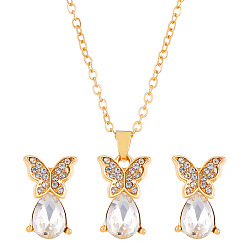 Light Gold Alloy Butterfly Jewerly Set, Crystal Rhinestone Teardrop Pendant Necklace and Stud Earrings, Light Gold, 500mm, 18x11mm
