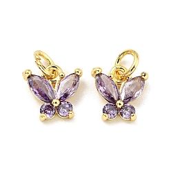 Lilac Rack Plating Brass Inlaid Cubic Zirconia Charms, with Jump Rings, Cadmium Free & Lead Free, Golden, Butterfly, Lilac, 10x10x3.5mm, Hole: 3.4mm
