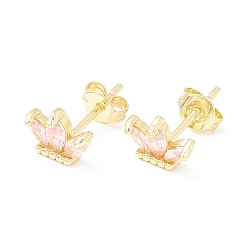 Pink Brass Micro Pave Cubic Zirconia Stud Earring, Real 18K Gold Plated, Flower, Pink, 6x8.5mm, Pin: 1mm