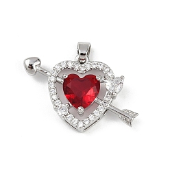 Платина Латунные микропаве прозрачные подвески с фианитом, сердце со стрелой, со стеклом, без свинца и без кадмия, долговечный, стойки покрытие, граненые, платина, 17x27x6.5 мм, отверстие : 5x3 мм