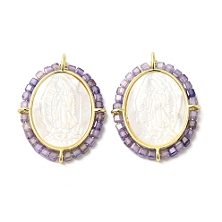 Средний Фиолетовый Покрытие стойки латунь микро паве кубический цирконий и подвески в виде ракушек, долговечный, без кадмия и без свинца, реальный 18 k позолоченный, овал с подвесками в виде Девы Марии, средне фиолетовый, 30x22.5x4 мм, отверстие : 1.5 мм