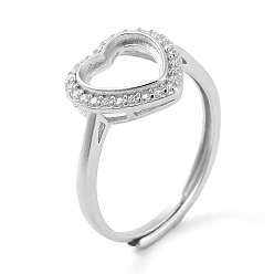 Real Platinum Plated Heart Adjustable 925 Sterling Silver Ring Components, with Cubic Zirconia, Open Bezel Setting, Real Platinum Plated, US Size 7 1/4(17.5mm)