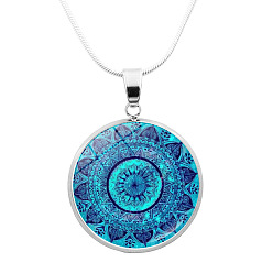 Deep Sky Blue Glass Mandala Flower Dome Pendant Necklace, Platinum Brass Jewelry for Women, Deep Sky Blue, 24.21 inch(61.5cm)