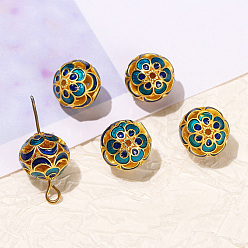 Marine Blue Brass Enamel Beads, Round with Flower, Marine Blue, 12mm