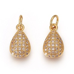 Golden Brass Pendants, with Micro Pave Cubic Zirconia, teardrop, Clear, Golden, 12x7.5x3.5mm, Hole: 3.5mm