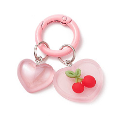Pearl Pink Luminous Resin Keychain, with Iron Key Rings, Glow In The Dark, Heart & Heart with Cherry, Pearl Pink, 2.1x1.8cm