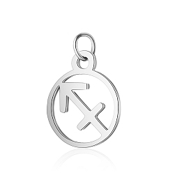 Sagittarius 304 Stainless Steel Charms, with Jump Rings, Polished, Flat Round with Constellation, Sagittarius, 13x11x1mm, Hole: 2.5mm